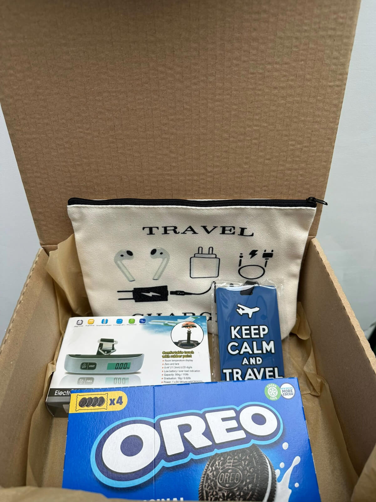 Traveler Giftbox with practical travel accessories and sweet treats.