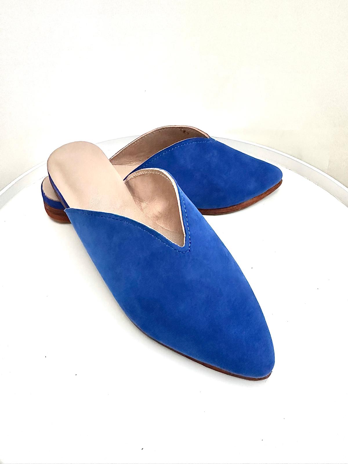 Stylish blue leather shoes with a sleek and polished finish.