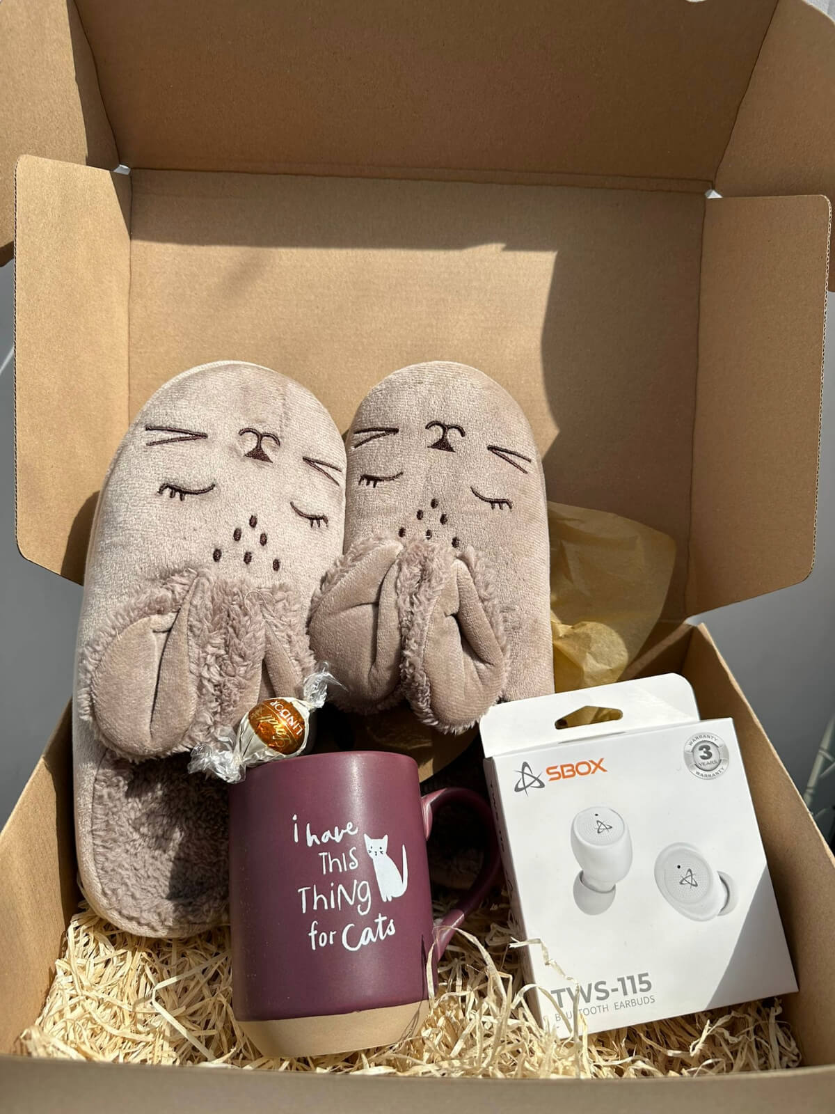 Cozy cat slippers paired with wireless earbuds for comfort and entertainment.